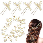 SANNIDHI Bride Hair Pins Floral Hair Vine 5Pcs Set, Pearl Crystal Bridal Hair Accessories For Women Bridesmaids Wedding Anniversary Hair Piece (Gold)