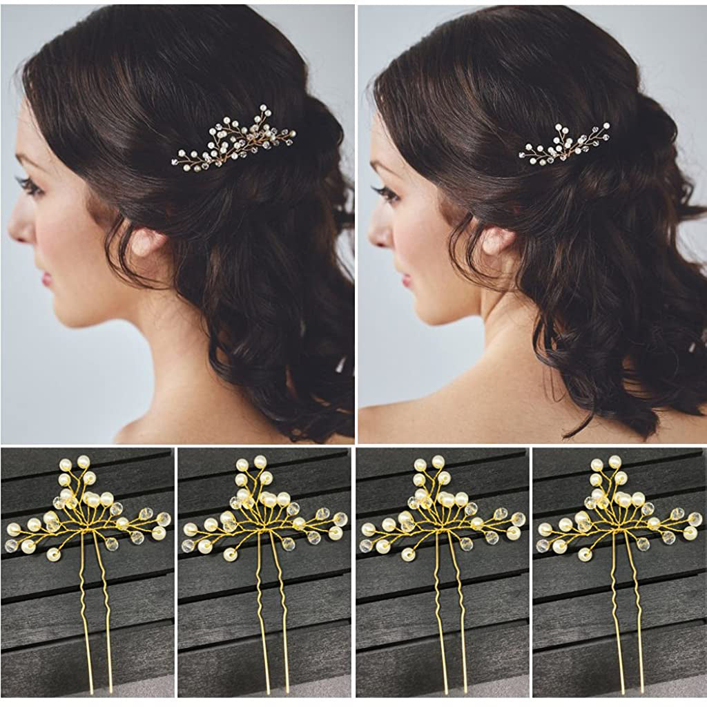 SANNIDHI Bride Hair Pins Floral Hair Vine 5Pcs Set, Pearl Crystal Bridal Hair Accessories For Women Bridesmaids Wedding Anniversary Hair Piece (Gold)