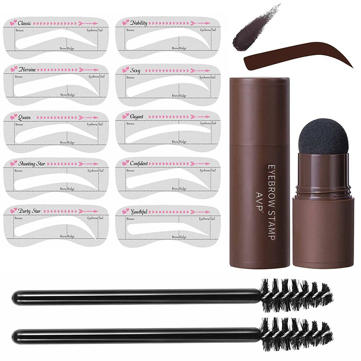 MAYCREATE  Eyebrow Stamp Stencil Kit, One Step Eyebrow Stamp Waterproof Long Lasting, Eyebrow Stamp Makeup Tools, 10 Reusable Eyebrow Stencils Shape Thicker with 2 Eyebrow Pen Brushes(Dark Gray)