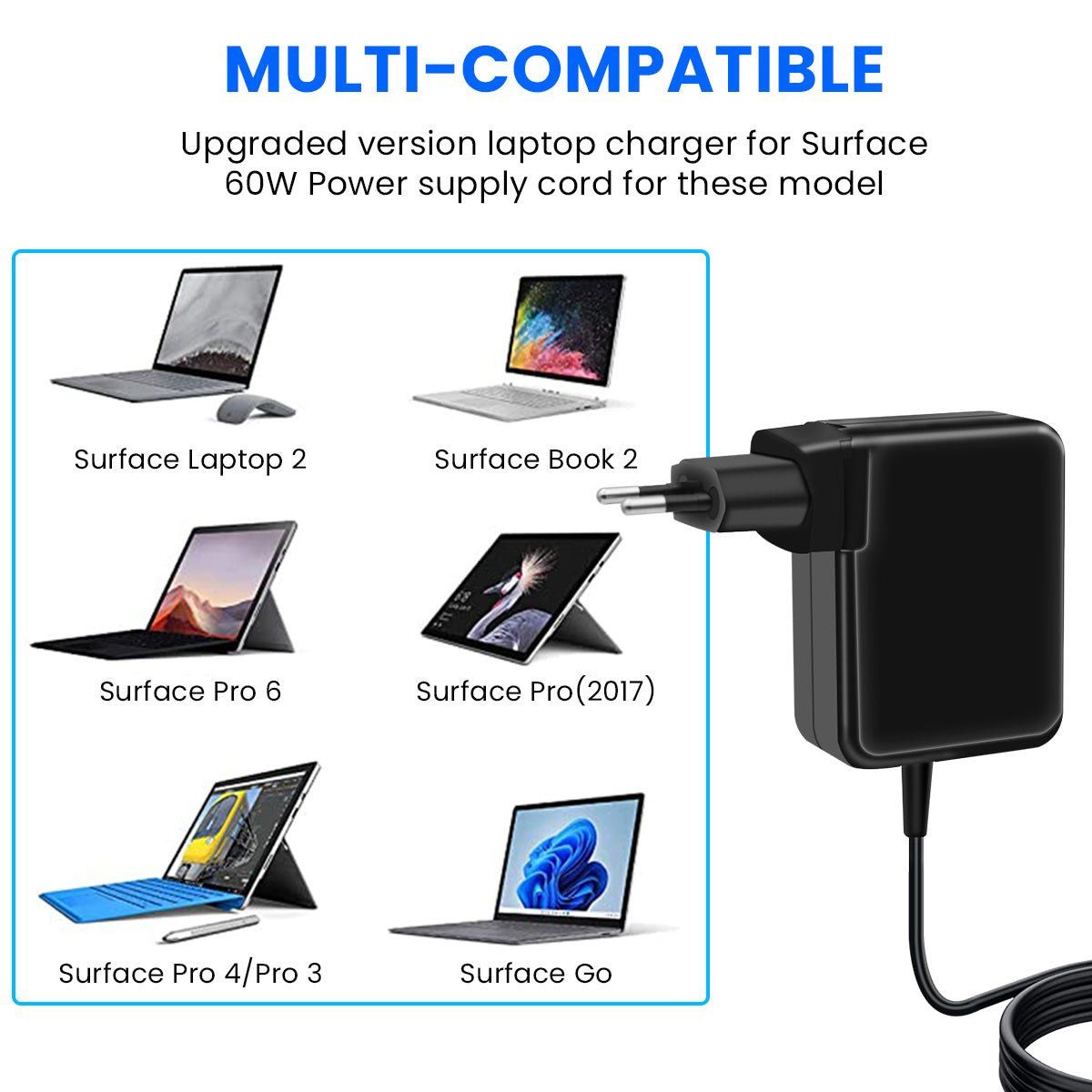 Verilux Surface Pro Charger, 60W DC Charger Adapter with Charging Cable for Microsoft Surface Pro 3/4/5/6/7 Surface Pro X Surface Pro 8 Laptop 1/2/3 Surface Go 1/2, 15V/4A Surface Charger