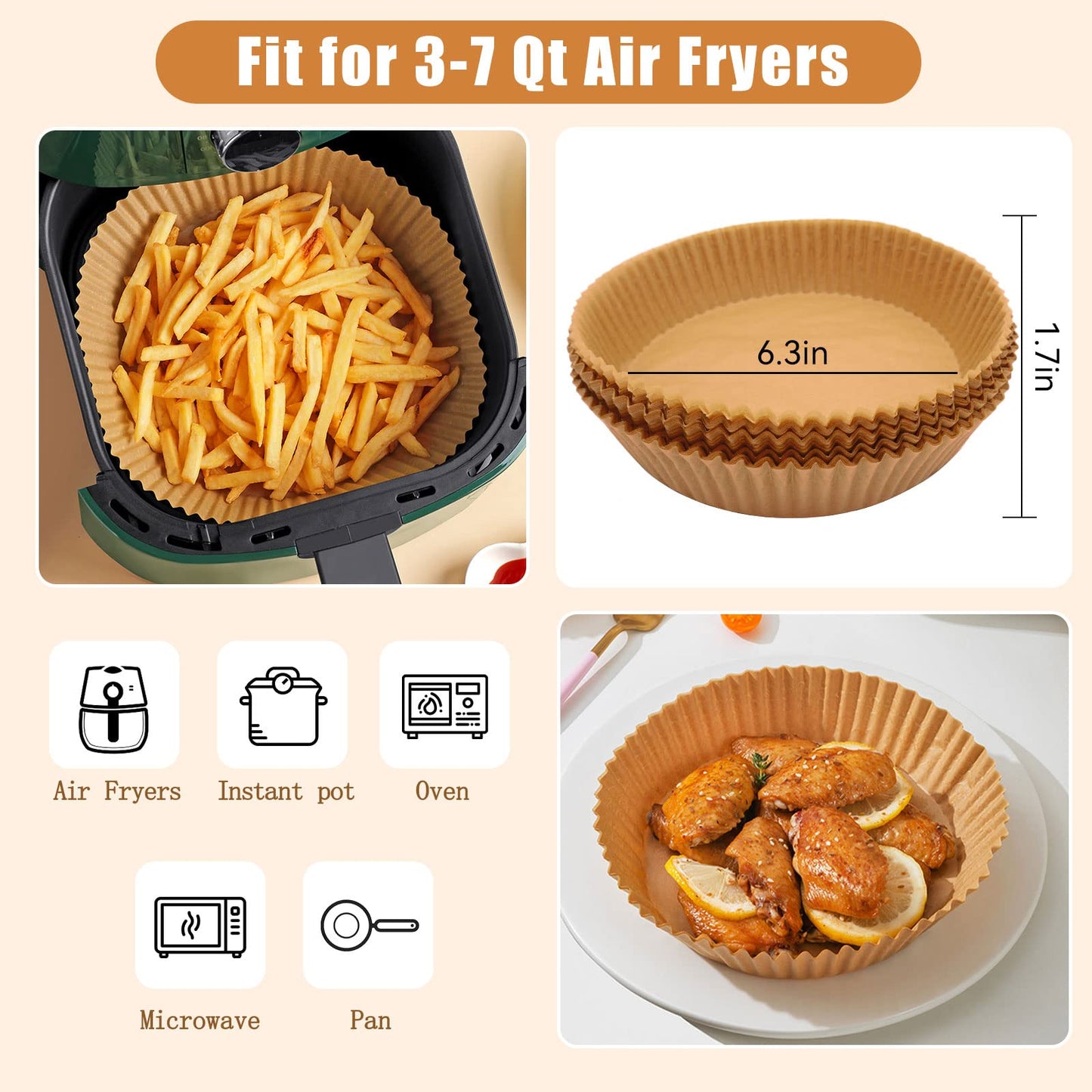 HASTHIP  100Pcs Air Fryer Disposable Paper Liner, Non-Stick Parchment Paper Plate, Oil-Proof Water-Proof Parchment for Baking Microwave Frying Pan, Steamer, Airfryer (6.3 inches, Natural)