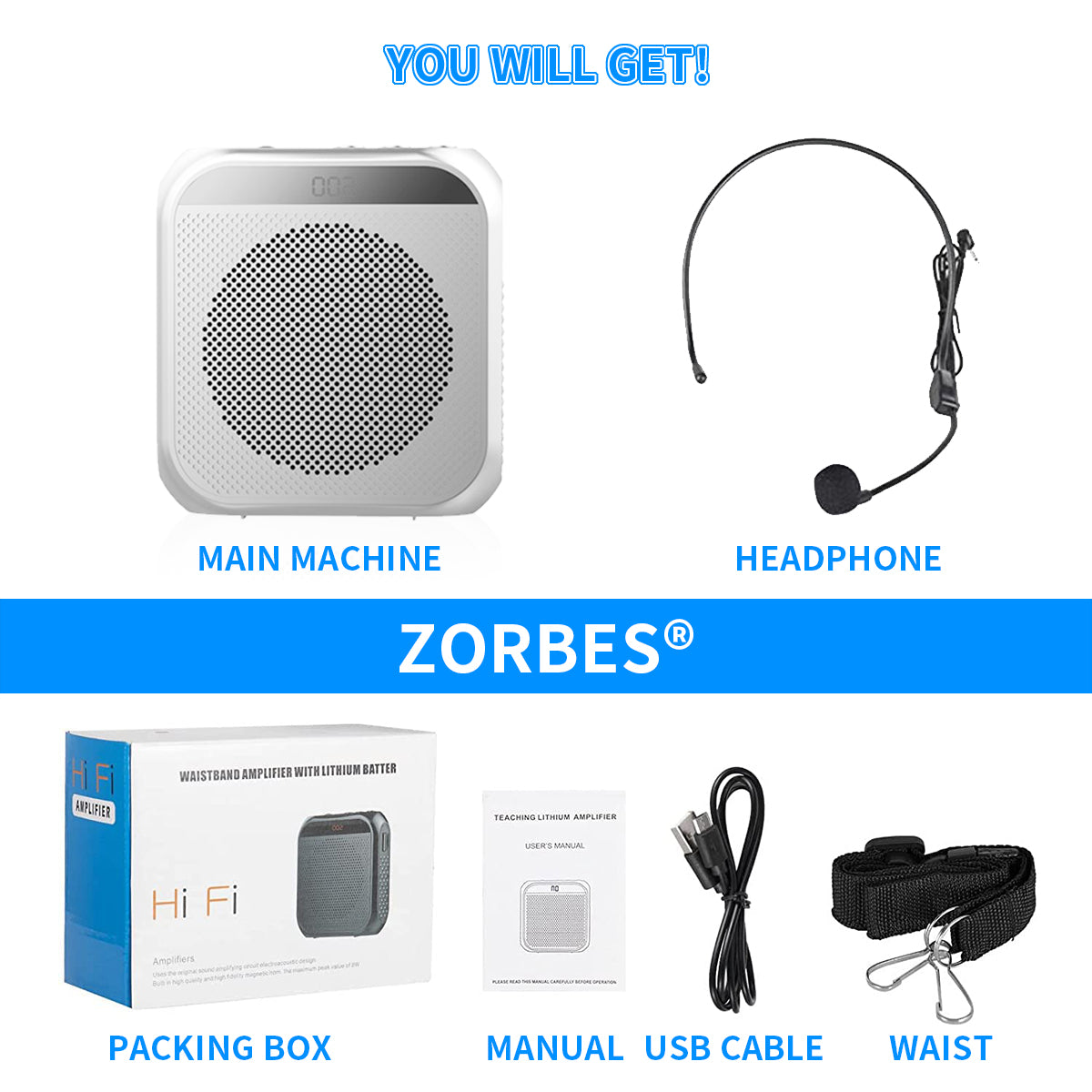 ZORBES Voice Amplifier for Teachers - Microphone Headset Set 2200 mAh, with Headset Microphone Support TF Card/U Flash Disk, Portable Voice Amplifier for Teachers, tour guide, coach, speaker