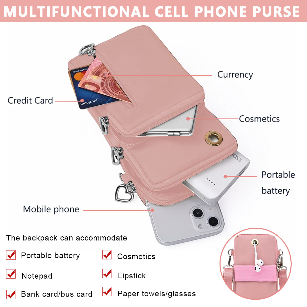 PALAY Crossbody Phone Bag for Women Mini Wallet Shoulder Crossbody Phone Bag with Earphone Cable Hole Wallet Clutch Bag for Women, Phone Bag for 7.2'' Phone, Pink