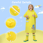 PALAY Raincoat for Kids Boys Girls with Pockets, EVA Hooded Raincoat with School Bag Rain Cover, Dinosaur Printed Kids Rain Coat (2XL, 130-145cm)