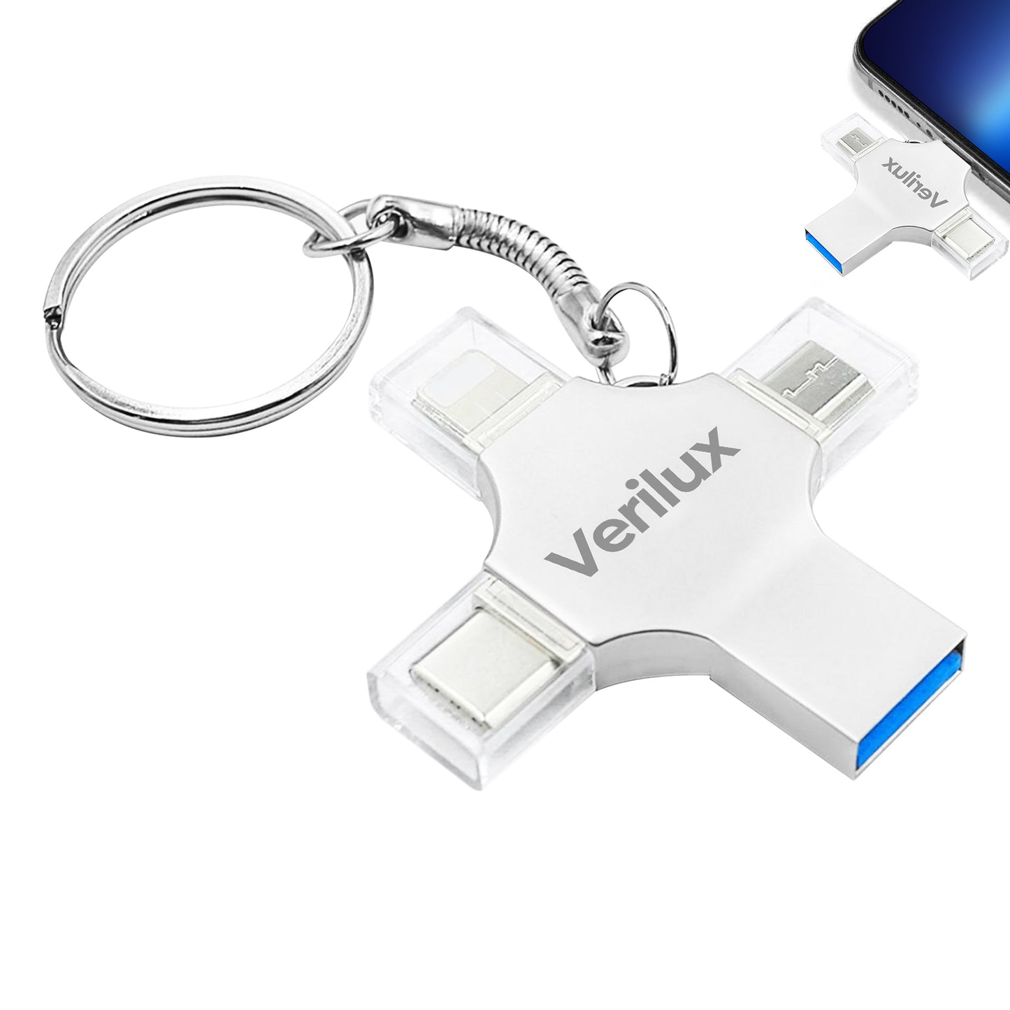 Verilux Pendrive 128GB 4 in 1 Flash Drive with Light-ning, Micro USB, USB A, Type-C Interface Mini Hangable PenDrive for iOS & Android Compatible with iPhone, iPad, Android, PC and More Devices