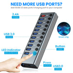Verilux Powered USB Hub 11 in 1 USB HUB with Individual On/Off Switches and 12V/4A Power Adapter USB Hub 3.0 Splitter Multi USB Port for Laptop, PC, Computer, Mobile HDD, Flash Drive Mouse, Keyboard