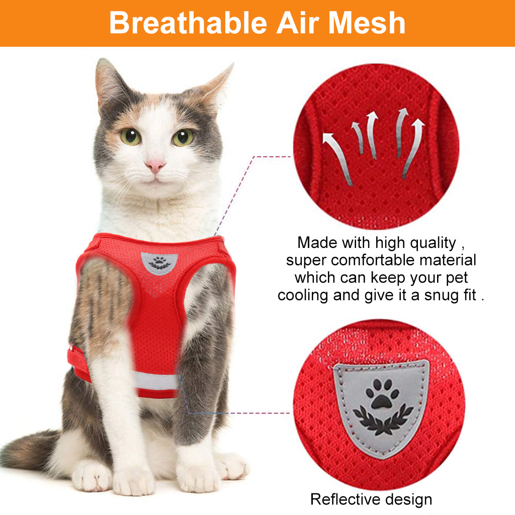 Qpets Cat Harness with 1.2m Dog Leash Adjustable Size Cats Vest Harness Breathable Mesh Fabric with Safety Reflective Strip Dog Harness for Cat Small Dog(M, Red)