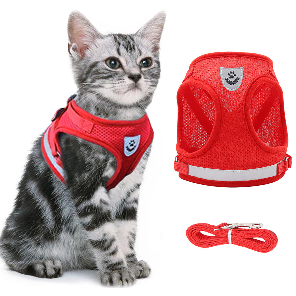 Qpets Cat Harness with 1.2m Dog Leash Adjustable Size Cats Vest Harness Breathable Mesh Fabric with Safety Reflective Strip Dog Harness for Cat Small Dog(M, Red)