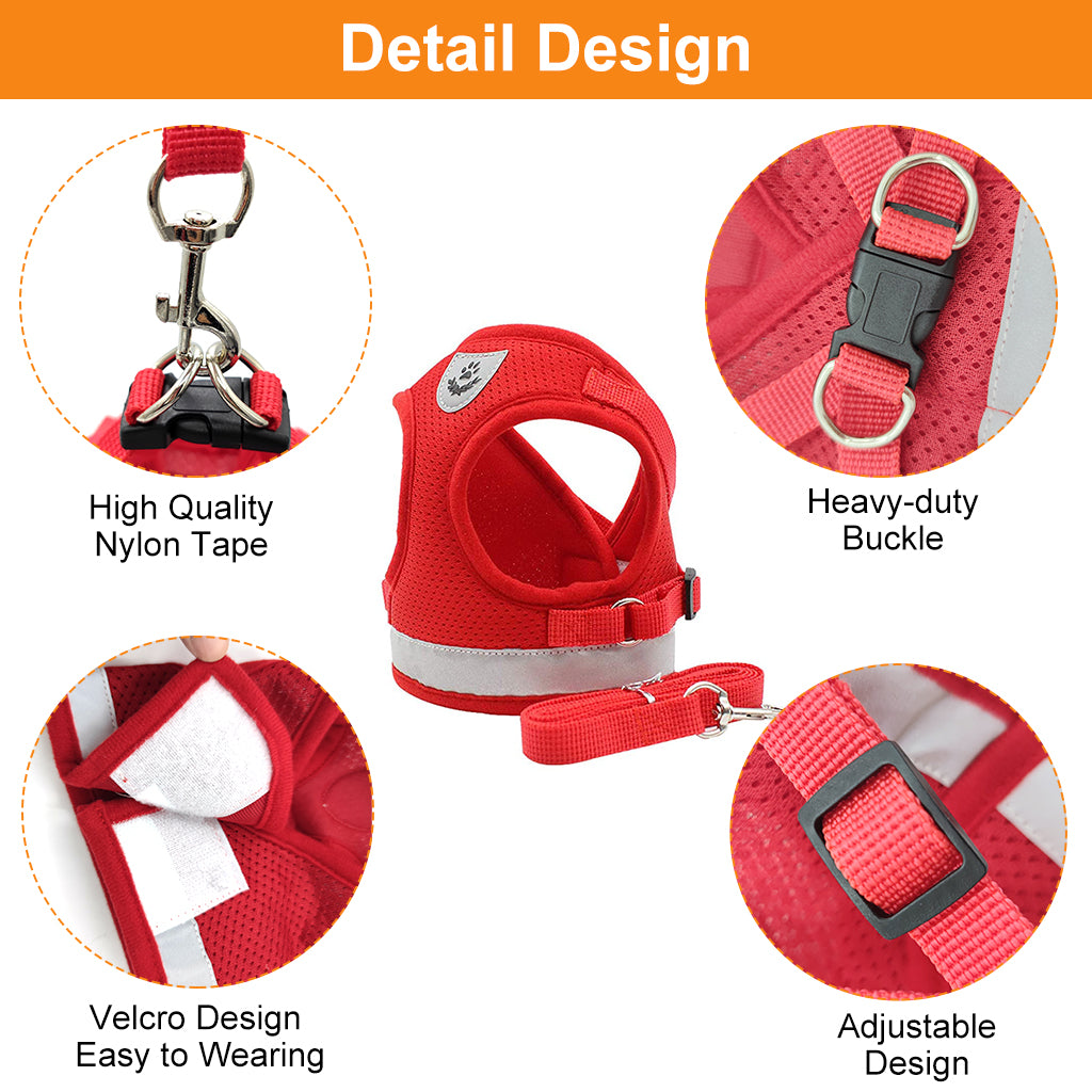 Qpets Cat Harness with 1.2m Dog Leash Adjustable Size Cats Vest Harness Breathable Mesh Fabric with Safety Reflective Strip Dog Harness for Cat Small Dog(M, Red)