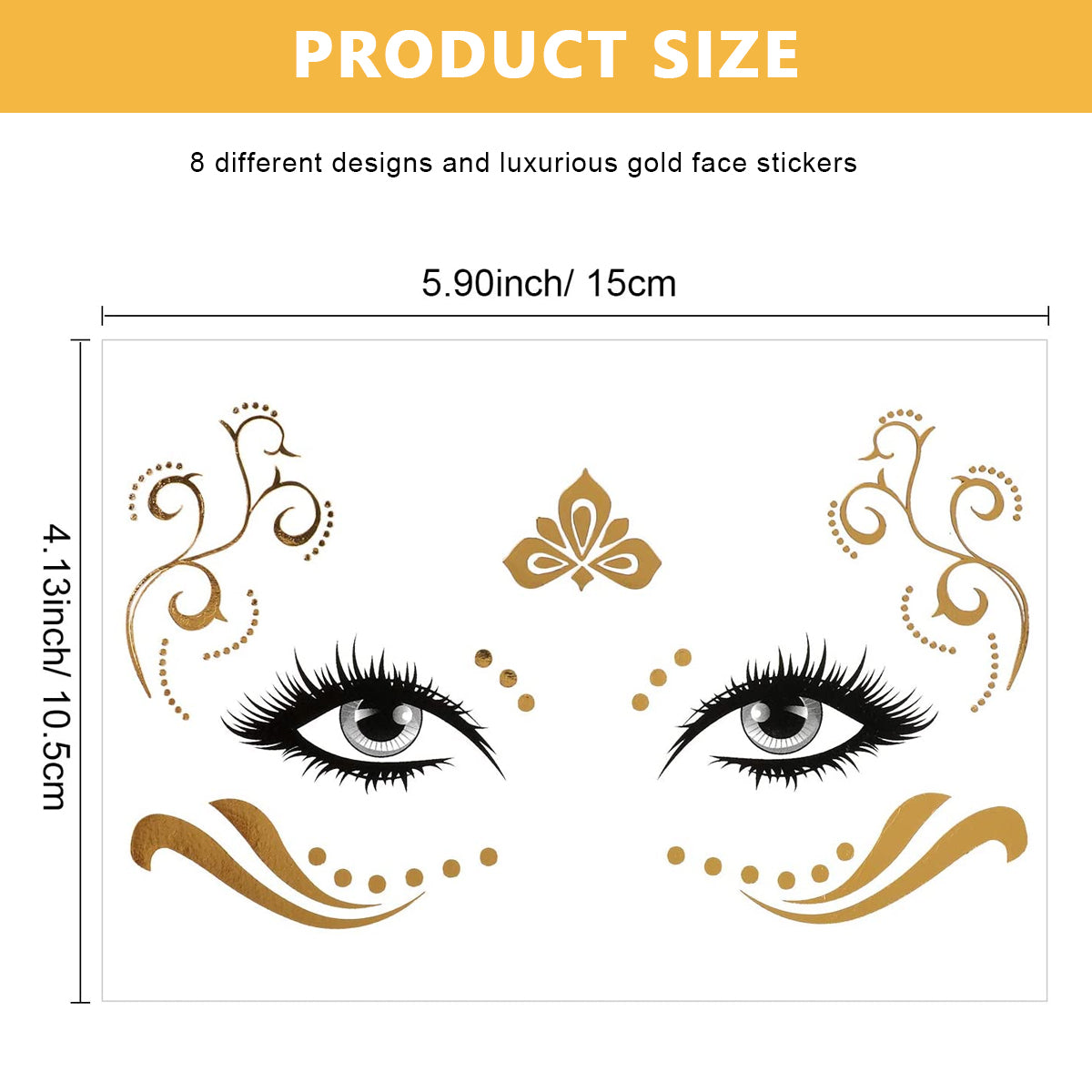 MAYCREATE Metallic Face Temporary Tattoo Stickers, 8 Sheets Eye Makeup Face Freckle Stickers Glitter Gold Water Transfer Tattoo Stickers for Women Girls Party Halloween Dancer