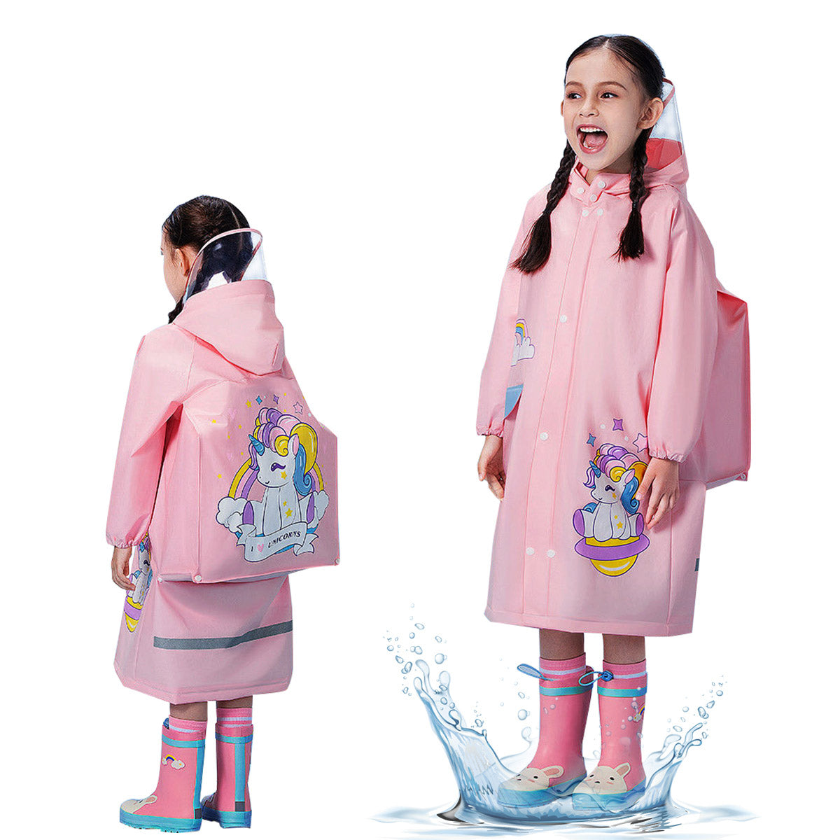 PALAY Raincoat for Kids Boys Girls with Pockets, EVA Hooded Raincoat with School Bag Rain Cover, Unicorn Printed Kids Rain Coat (XL, 115-130cm)