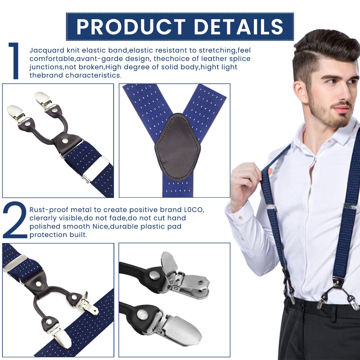 GUSTAVE Mens Suspenders Vintage Print Elastic Adjustable Suspenders for Men, Y-Back Strong Metal Clips Suspenders for Shirt - Blue