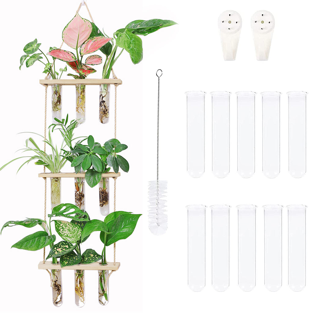 HASTHIP Hydroponics Glass Planter with Wooden Stand, 10Pcs Glass Propagation Tube with 3 Tiers Wooden Rack Stand for Terrarium Plants Garden Decoration Wall Decoration Office Decoration