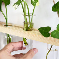 HASTHIP Hydroponics Glass Planter with Wooden Stand, 10Pcs Glass Propagation Tube with 3 Tiers Wooden Rack Stand for Terrarium Plants Garden Decoration Wall Decoration Office Decoration