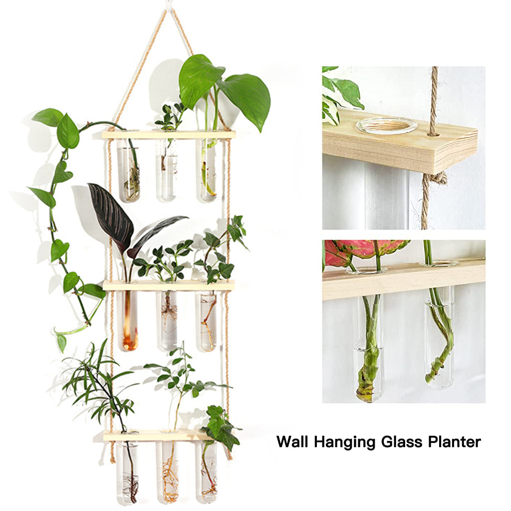 HASTHIP Hydroponics Glass Planter with Wooden Stand, 10Pcs Glass Propagation Tube with 3 Tiers Wooden Rack Stand for Terrarium Plants Garden Decoration Wall Decoration Office Decoration