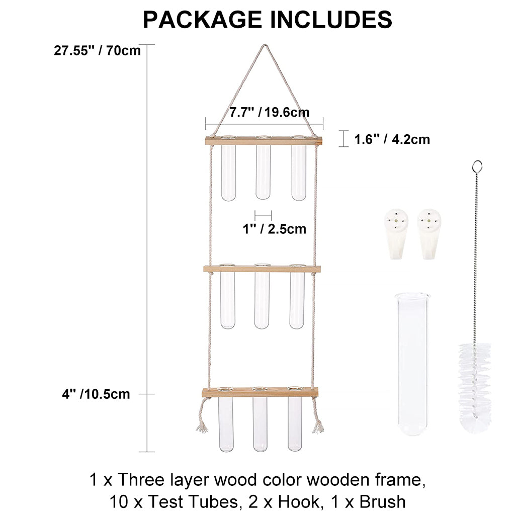 HASTHIP Hydroponics Glass Planter with Wooden Stand, 10Pcs Glass Propagation Tube with 3 Tiers Wooden Rack Stand for Terrarium Plants Garden Decoration Wall Decoration Office Decoration