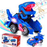 PATPAT Transformers Toys Transforming Dinosaur Car Toys, Transforming Dinosaur LED Car with Light and Music, 2 in 1 Automatic Dinosaur Transformer Car Toy, Dinosaur Toys for Kids Boys Girls - Blue