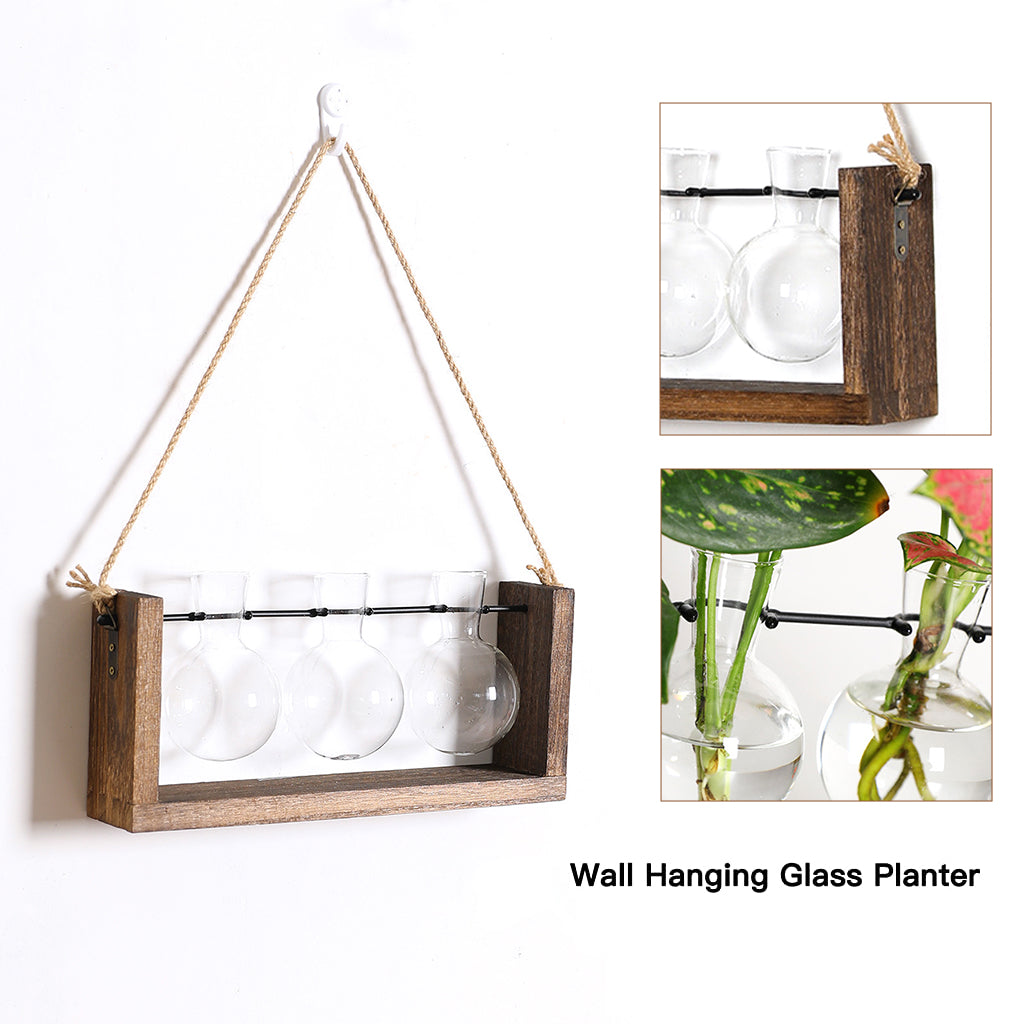 HASTHIP 3Pcs Hydroponics Glass Planter with Wooden Stand for and Hook, Desktop Table Decor Home Office, Plant Terrarium, Air Planter Bulb Glass Vase for Propagating Money Plant, Flower and More