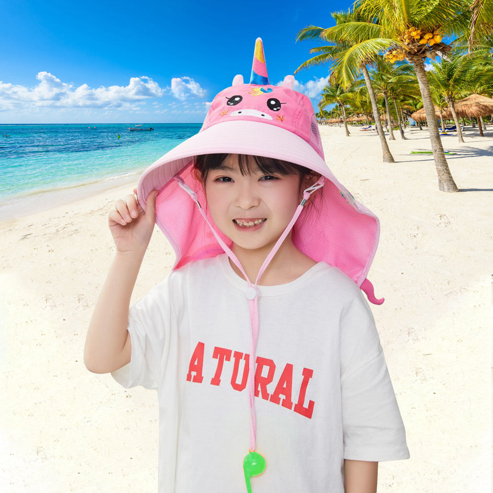 GUSTAVE Kid Hat Wide Brim Bucket Hat for Kids, Breathable Kid Hat with Back Neck Cover for 4-12 Year-old Kids, Cartoon Unicorn Hat, Outdoor Hat with Whistle for Spring Summer, Beach Hat for Girl Boy