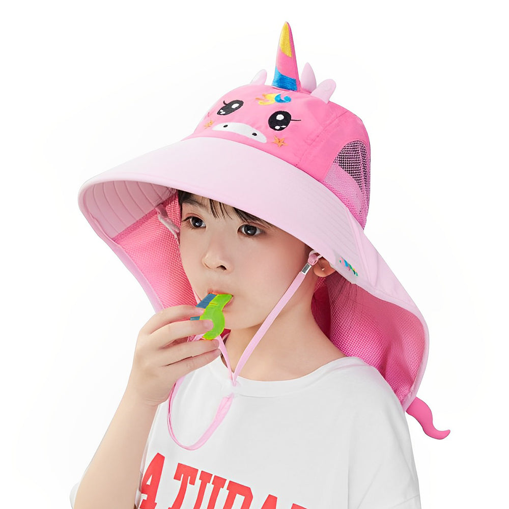 GUSTAVE Kid Hat Wide Brim Bucket Hat for Kids, Breathable Kid Hat with Back Neck Cover for 4-12 Year-old Kids, Cartoon Unicorn Hat, Outdoor Hat with Whistle for Spring Summer, Beach Hat for Girl Boy