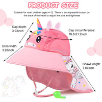 GUSTAVE Kid Hat Wide Brim Bucket Hat for Kids, Breathable Kid Hat with Back Neck Cover for 4-12 Year-old Kids, Cartoon Unicorn Hat, Outdoor Hat with Whistle for Spring Summer, Beach Hat for Girl Boy