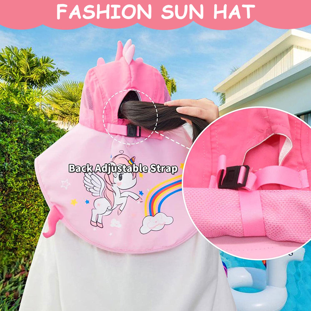 GUSTAVE Kid Hat Wide Brim Bucket Hat for Kids, Breathable Kid Hat with Back Neck Cover for 4-12 Year-old Kids, Cartoon Unicorn Hat, Outdoor Hat with Whistle for Spring Summer, Beach Hat for Girl Boy