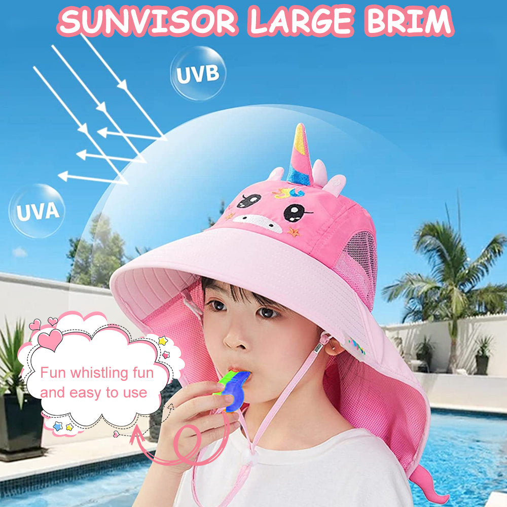 GUSTAVE Kid Hat Wide Brim Bucket Hat for Kids, Breathable Kid Hat with Back Neck Cover for 4-12 Year-old Kids, Cartoon Unicorn Hat, Outdoor Hat with Whistle for Spring Summer, Beach Hat for Girl Boy