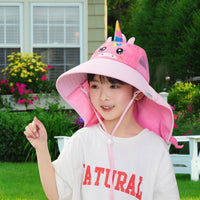 GUSTAVE Kid Hat Wide Brim Bucket Hat for Kids, Breathable Kid Hat with Back Neck Cover for 4-12 Year-old Kids, Cartoon Unicorn Hat, Outdoor Hat with Whistle for Spring Summer, Beach Hat for Girl Boy