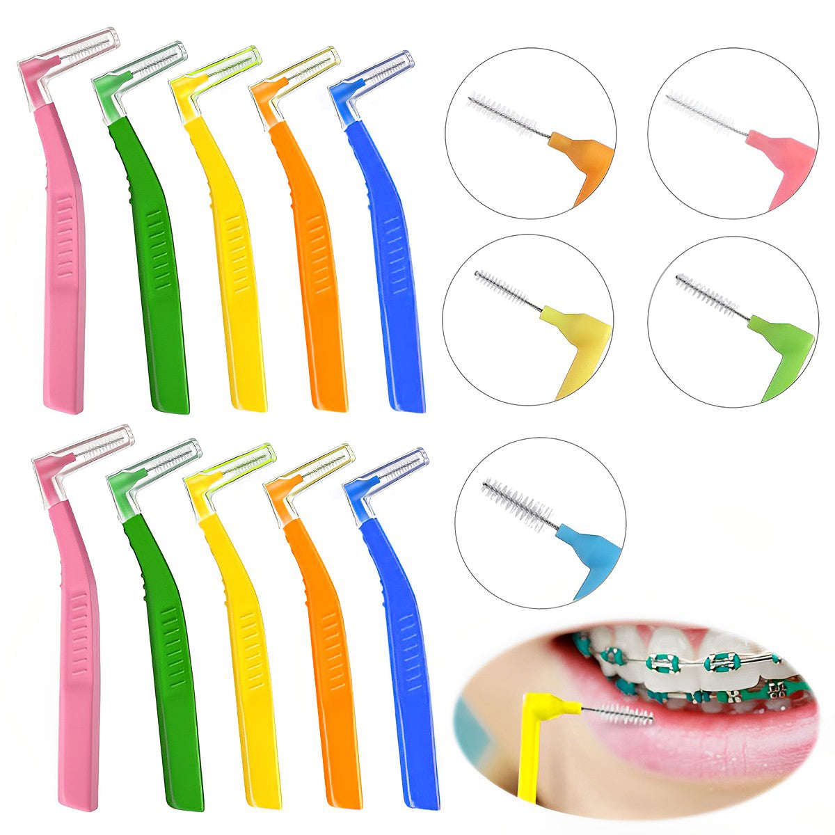 HANNEA 10pcs Interdental Brushes, L-shaped Interdental Brush Angle, Angled Dental Brush for Teeth Oral Dental Care Brush Cleaning Tool