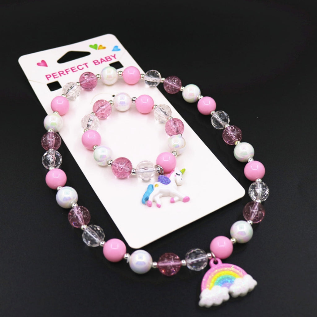 PALAY Girls' Unicorn Beads Bracelet Necklaces Rainbow Set(1 Necklace & 1 Bracelet): Unicorn Jewellery Birthday Gift Great Costume Jewelry for Children Girls and Dress Up-Pink