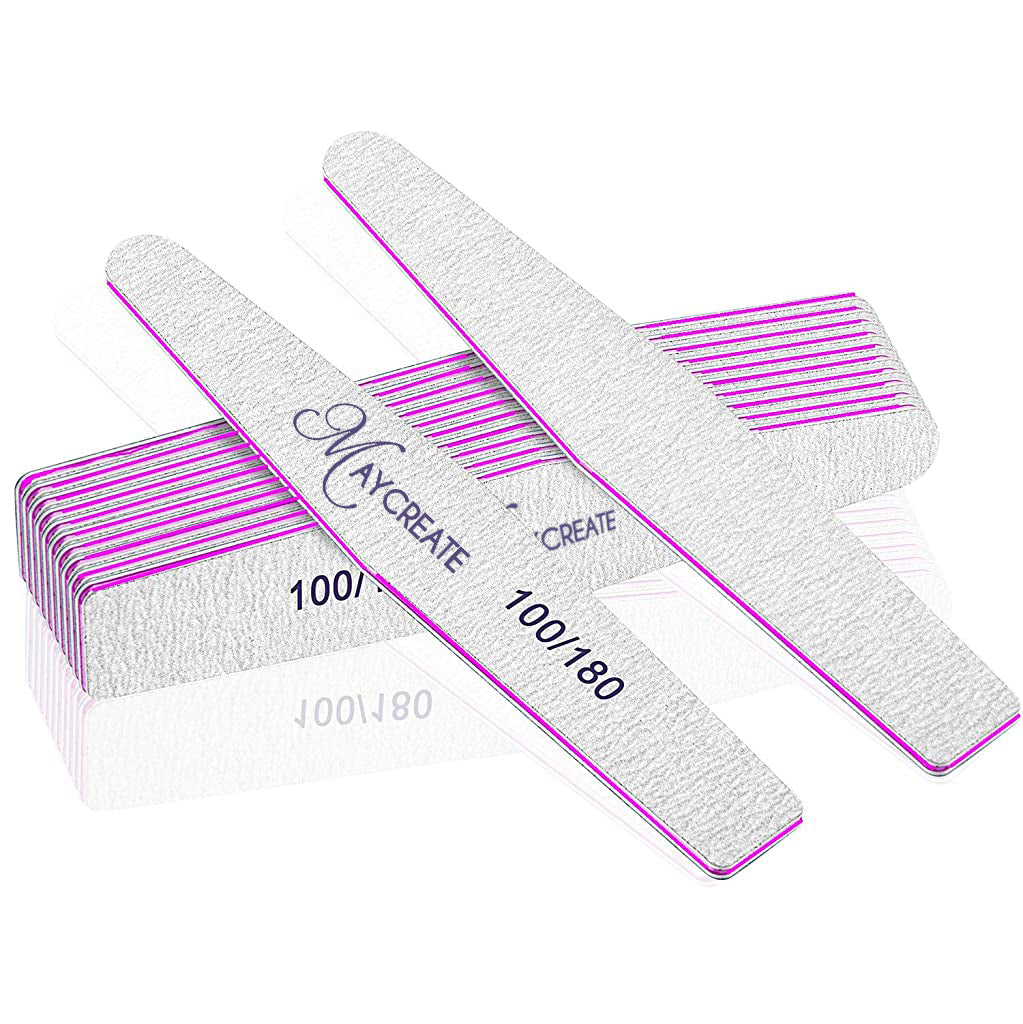 MAYCREATE  10PCS Nail Files, Professional Nail File Set, Curved Fingernail files, 100/180 grit Double-Sided Emery Board Manicure Tools for Home and Salon Use (Pink)