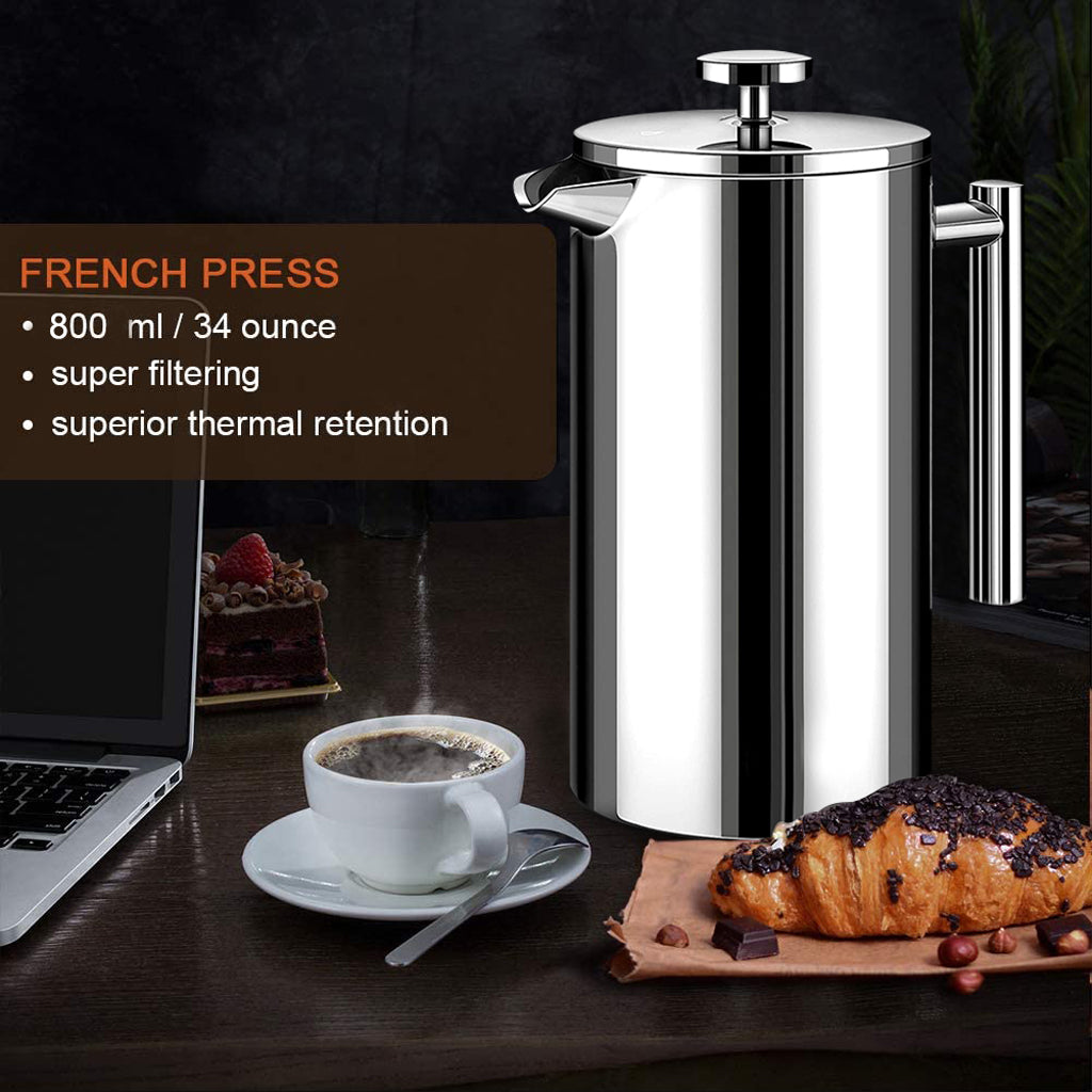 ELEPHANTBOAT French Press Coffee Maker 800ML Double Insulated 304 Stainless Steel Coffee Maker with 4 Level Premium Filtration System, Rust-Free, Dishwasher Safe