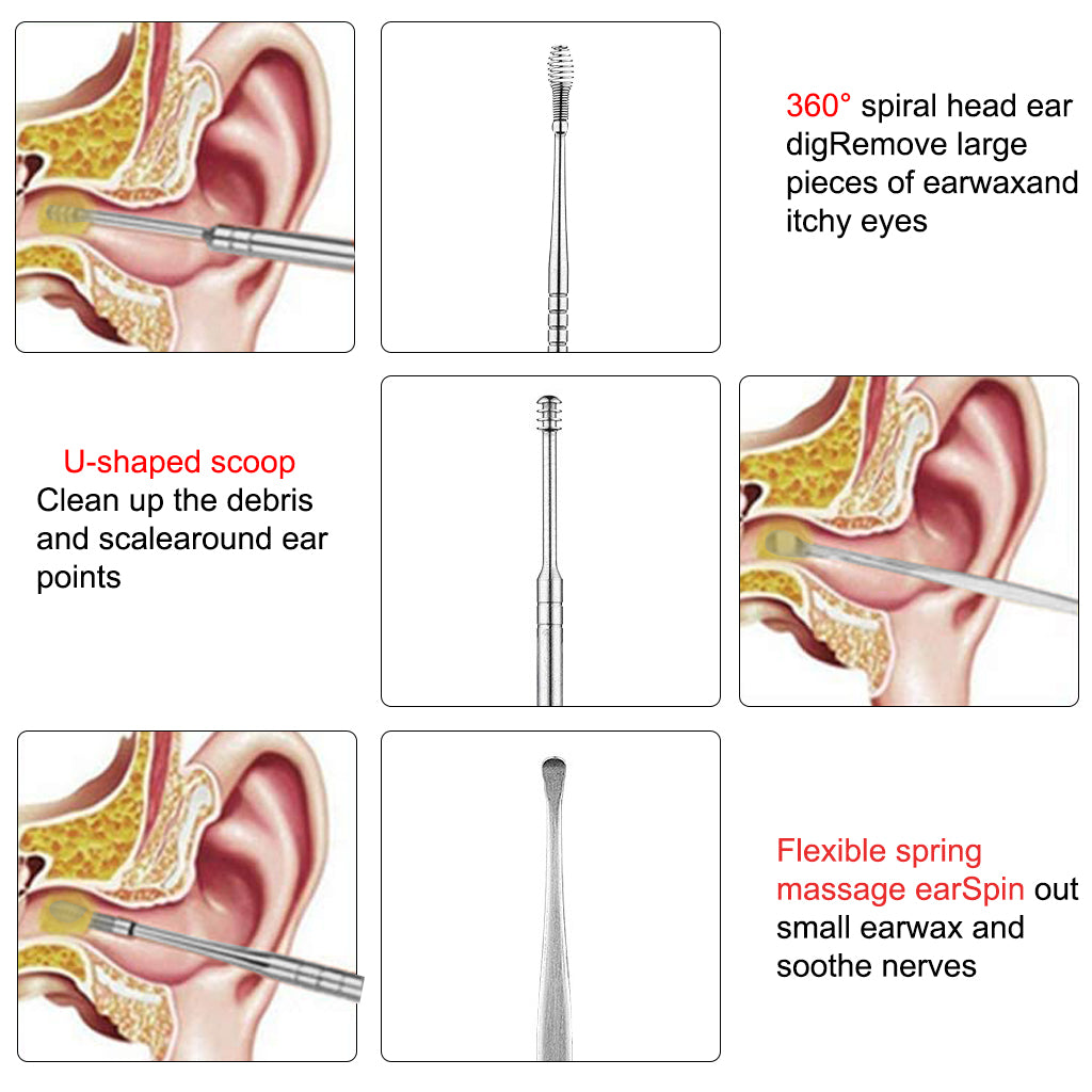 ELEPHANTBOAT  Curette Removal Ear Wax Cleaner Silver Swab Spiral Pick (Set of 5 Pieces)