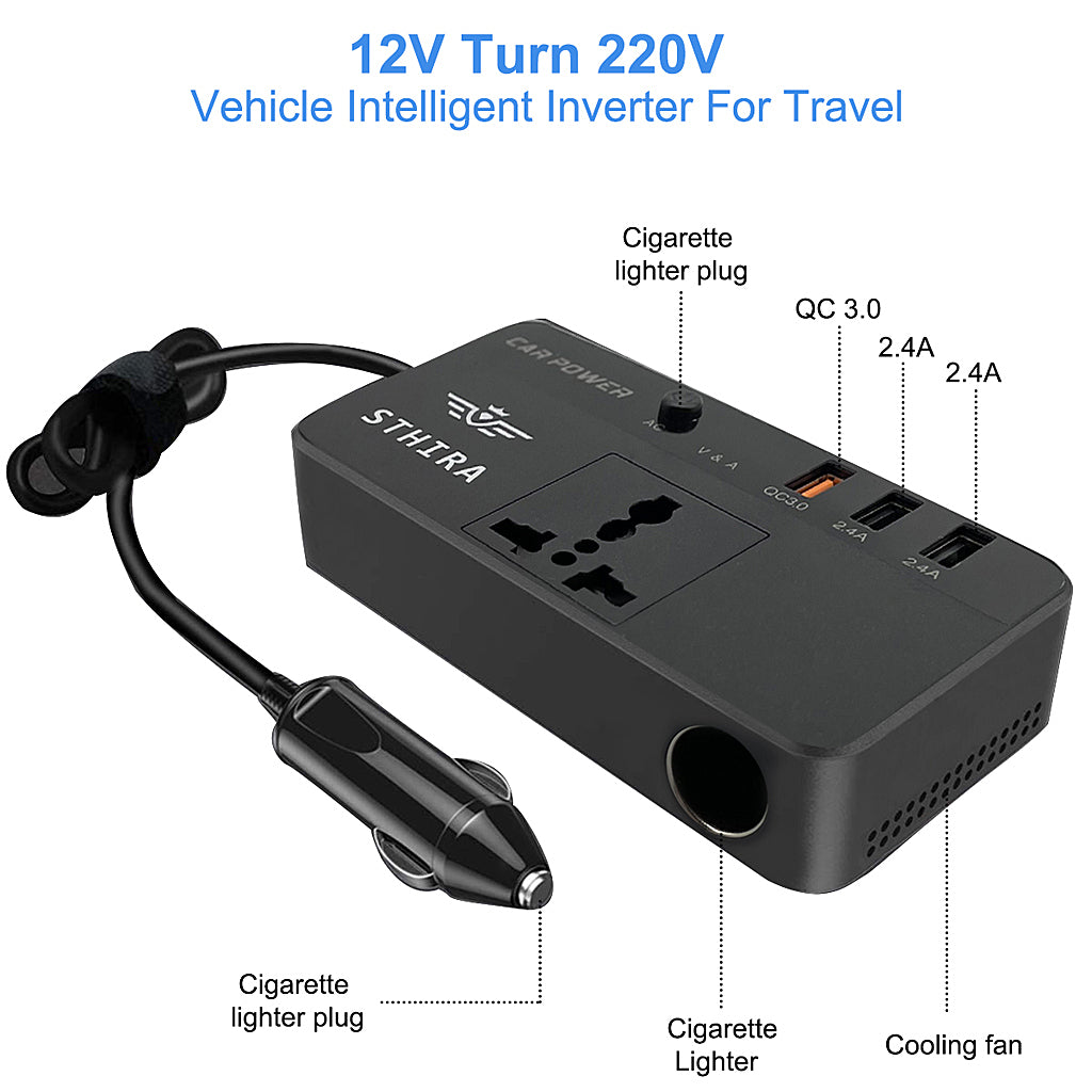 STHIRA  200W Power Inverter DC 12V to 220V AC Car Converter AC Outlets 3USB Ports Charger Adapter DC to AC Inverter with Digital Display