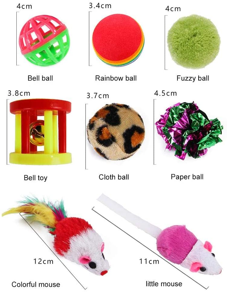 Qpets Cat Toys Kitten Toys Cat Toy for Indoor Cats Cat Feathers Wand Cat Interactive Toys Set with Mouse Mice Balls and Bells Toys for Cats Kitten Toys for Kttens to Play