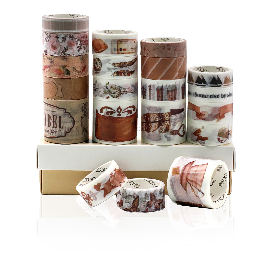 HASTHIP  20 Rolls Washi Tape Set, Vintage Tape with 3 Sizes 10/15/30mm Wide, Nostalgic Style Decor Colorful Tapes