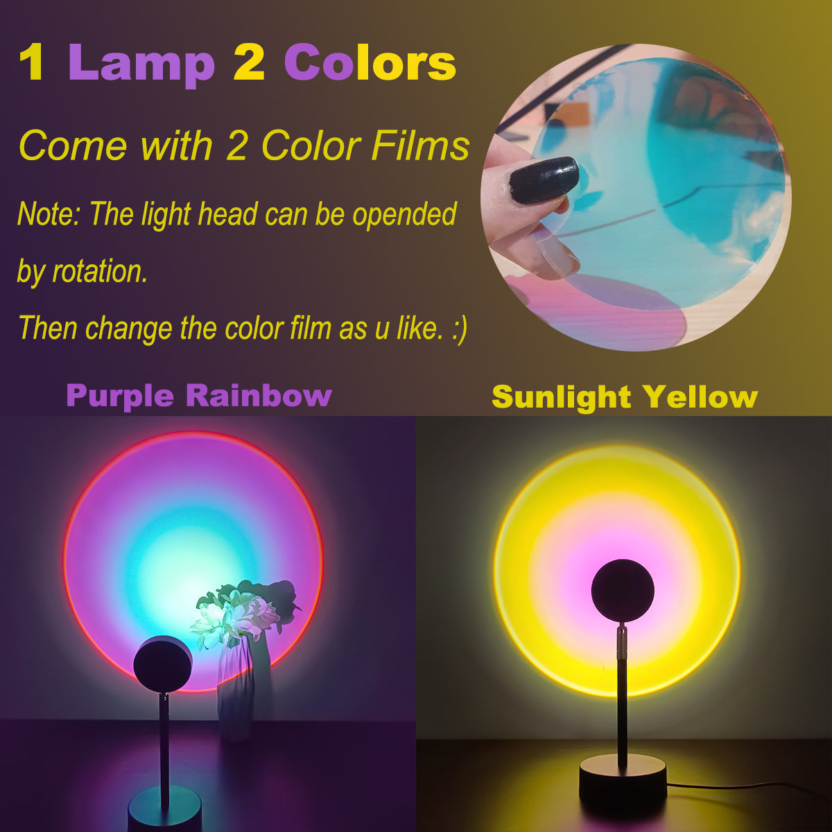 Verilux Sunset Projector Lamp 180 Degree Rotation Sunset Projection lamp, LED Rainbow Projection Light Romantic Visual Led Projector Night Light with USB Modern Floor Stand Living Room Bedroom