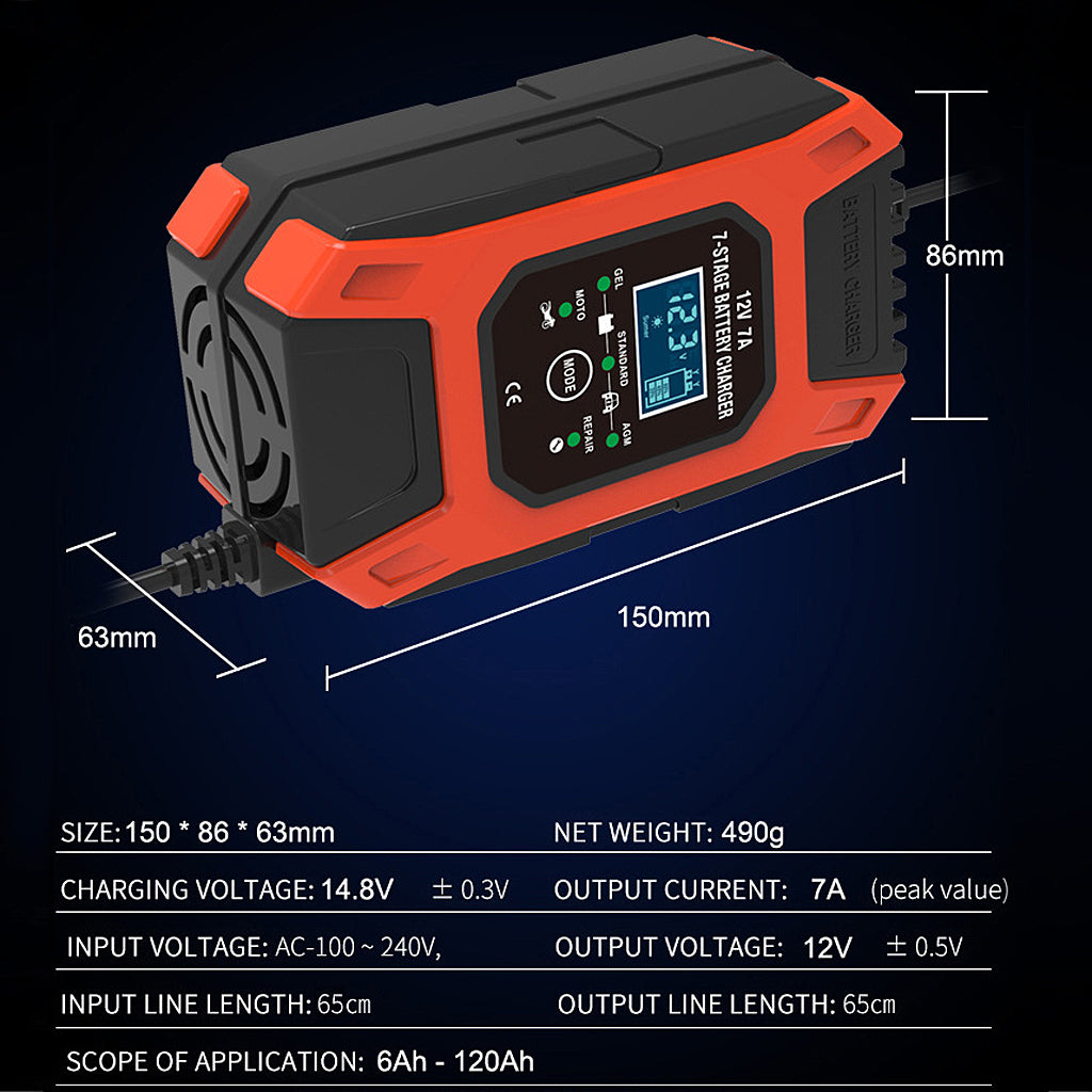 Verilux  Car Battery Charger 12V 7Ah | New Upgrade 7-Stage Automatic Pulse Repair Battery Charger & Maintainer for ATVs/Golf Cart/Motorcycle/Car/Yacht Mower and More (Red)