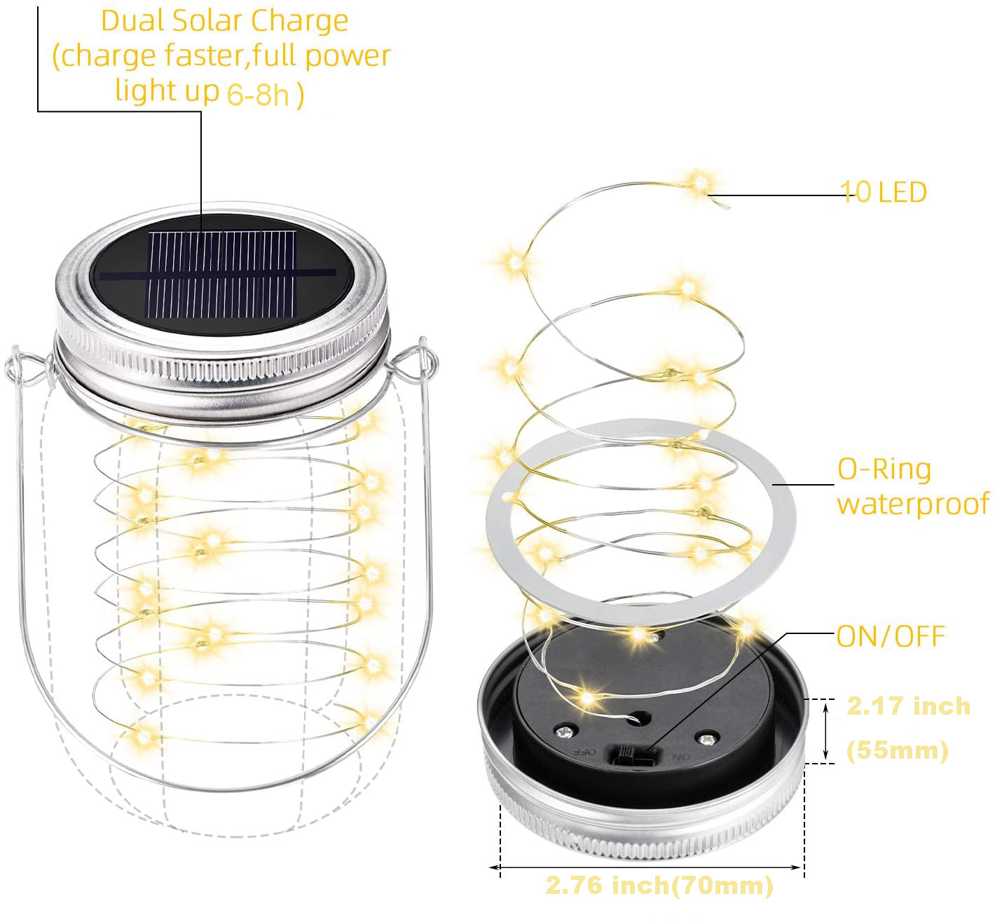 Verilux 4pcs Solar Hanging Light Outdoors Solar Mason Jar Lid Fairy String Lights Waterproof for Diwali Christmas Garden Yard and Lawn Patio Solar Laterns Table Lights