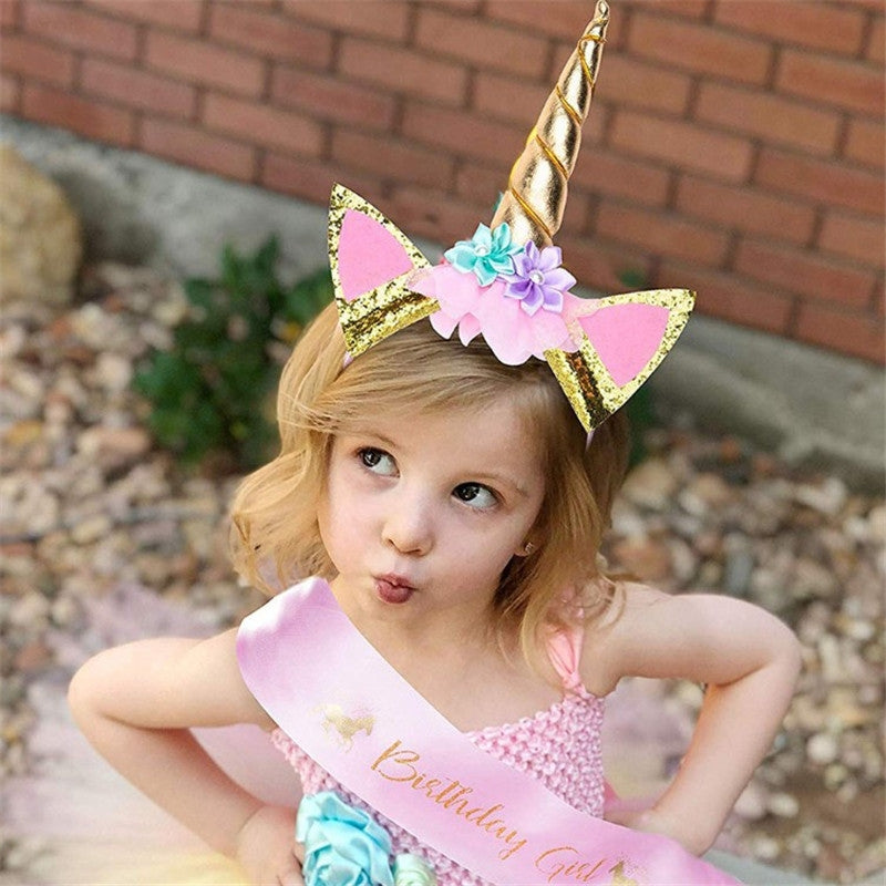 PATPAT  Satin Unicorn Headband and Pink Sash, Gold, 1 x Gold Glitter Unicorn Horn Headband, 1 x Pink; Gold Satin Unicorn Birthday Girl Sash