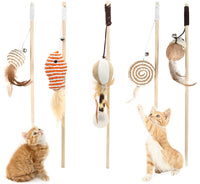 Qpets  Premium Cat Toy Interactive Cat Toys Set of 5 Cat Teaser Wand Pet Toy for Cat Activity Fishing Rod with Mouse Natural Feathers Toys for Kittens to Play Cat Games and Toys Mouse Toy