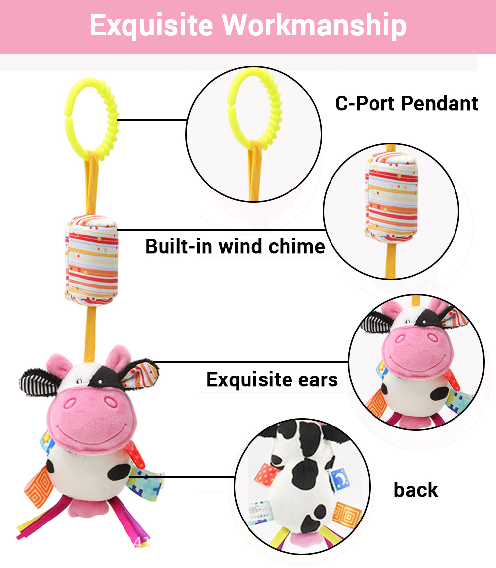 SNOWIE SOFT Hanging Toys for New Born Baby Rattle Crinkle Squeaky Toy Car Seat Stroller Toys Plush Animal C-Clip Ring for Infant Babies Boys and Girls 3 6 9 to 12 Months(Cow)