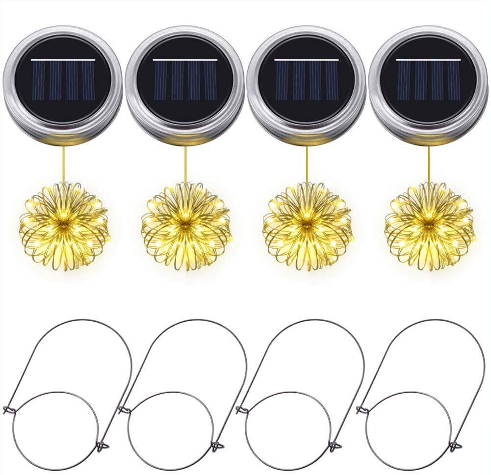 Verilux 4pcs Solar Hanging Light Outdoors Solar Mason Jar Lid Fairy String Lights Waterproof for Diwali Christmas Garden Yard and Lawn Patio Solar Laterns Table Lights