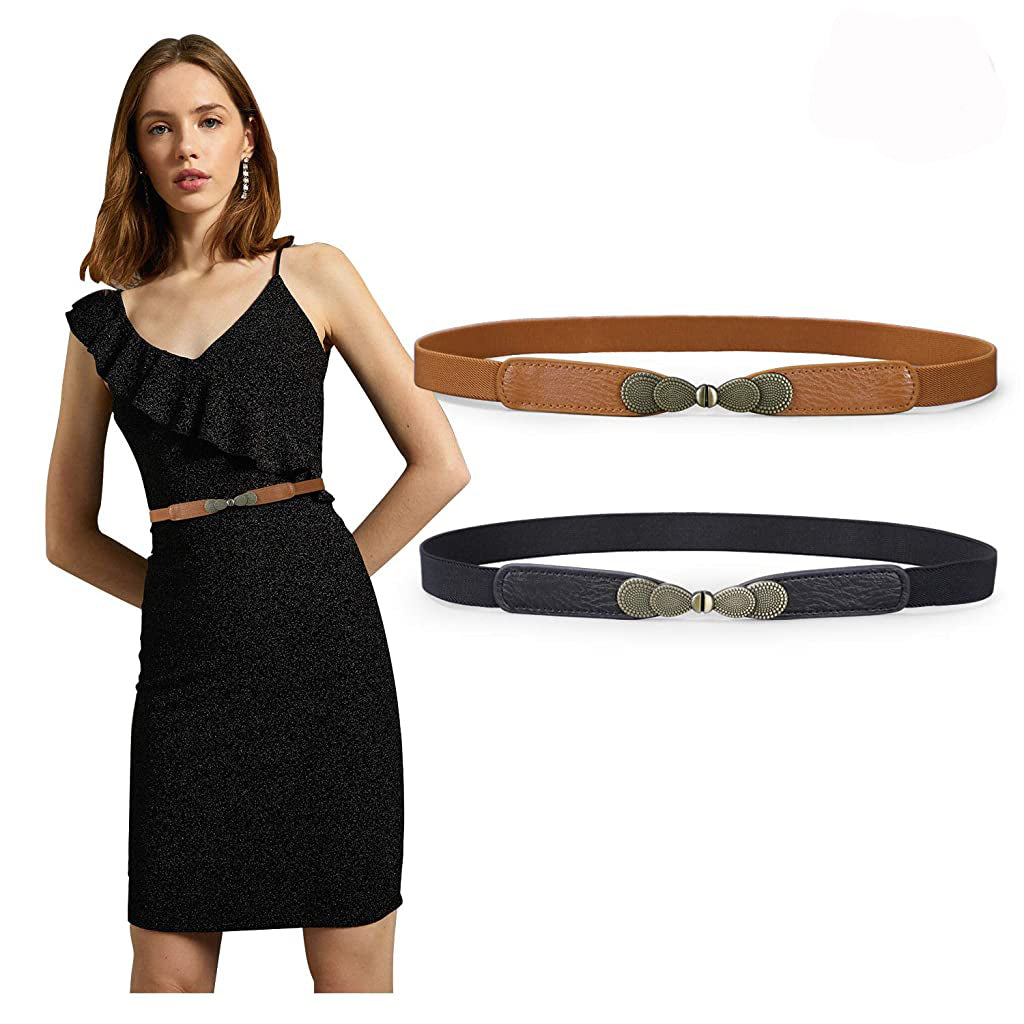 PALAY Faux Leather Women Skinny Thin Elastic Stretch Belt for Dresses Retro Ladies Waist Vintage Belt (65-90cm Length)