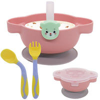 SNOWIE SOFT  Suction Plates for Baby Divided Plate with Cover, Fork, Spoons and Straws- Suction Cup Bowl, Set- Self Feeding for Toddler -Training Dinnerware 4-Piece Set - BPA Free