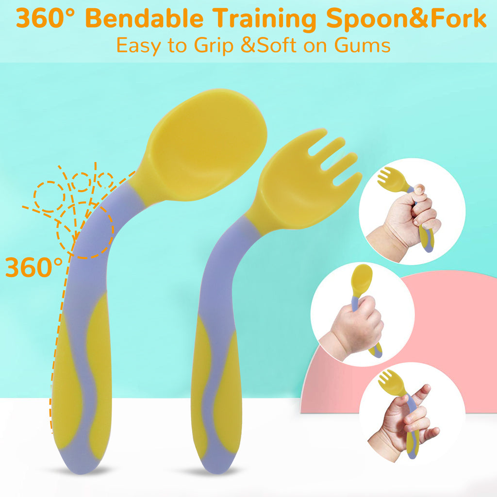 SNOWIE SOFT  Suction Plates for Baby Divided Plate with Cover, Fork, Spoons and Straws- Suction Cup Bowl, Set- Self Feeding for Toddler -Training Dinnerware 4-Piece Set - BPA Free