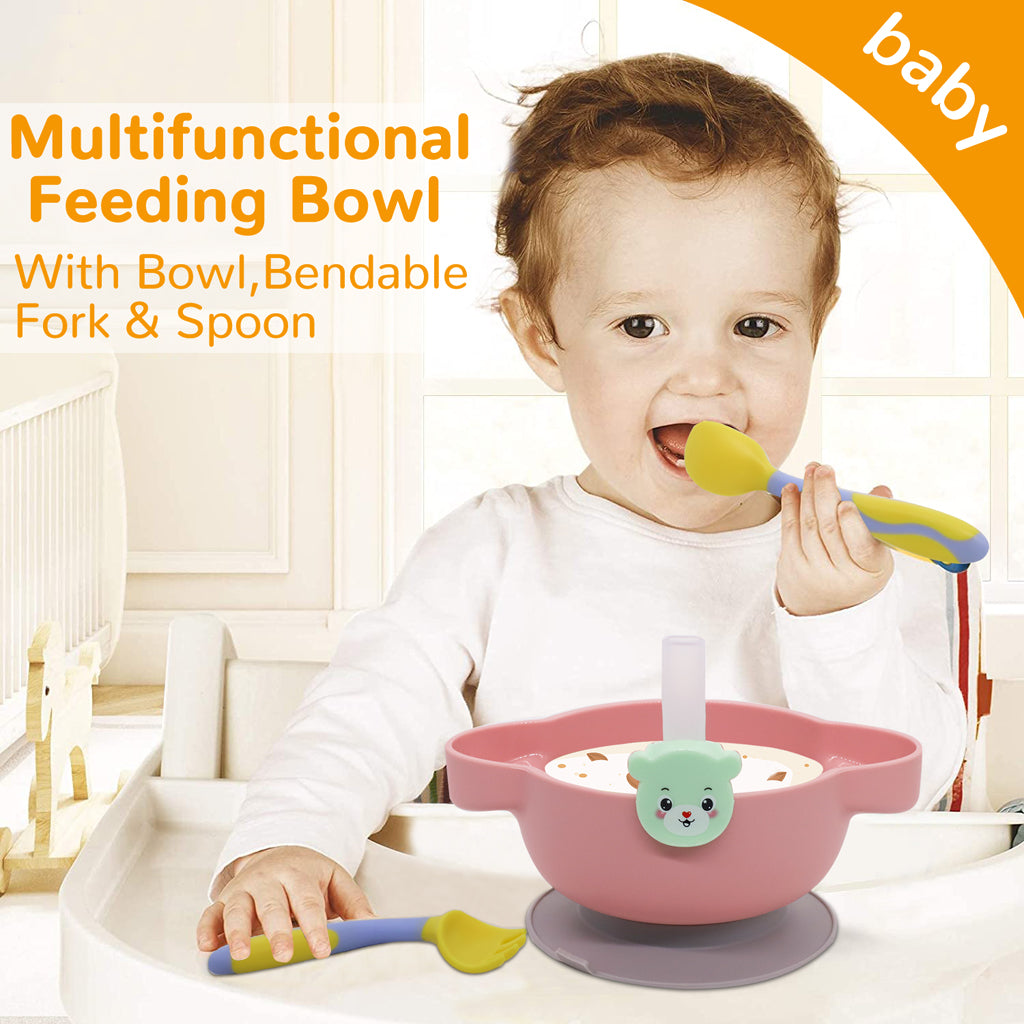 SNOWIE SOFT  Suction Plates for Baby Divided Plate with Cover, Fork, Spoons and Straws- Suction Cup Bowl, Set- Self Feeding for Toddler -Training Dinnerware 4-Piece Set - BPA Free