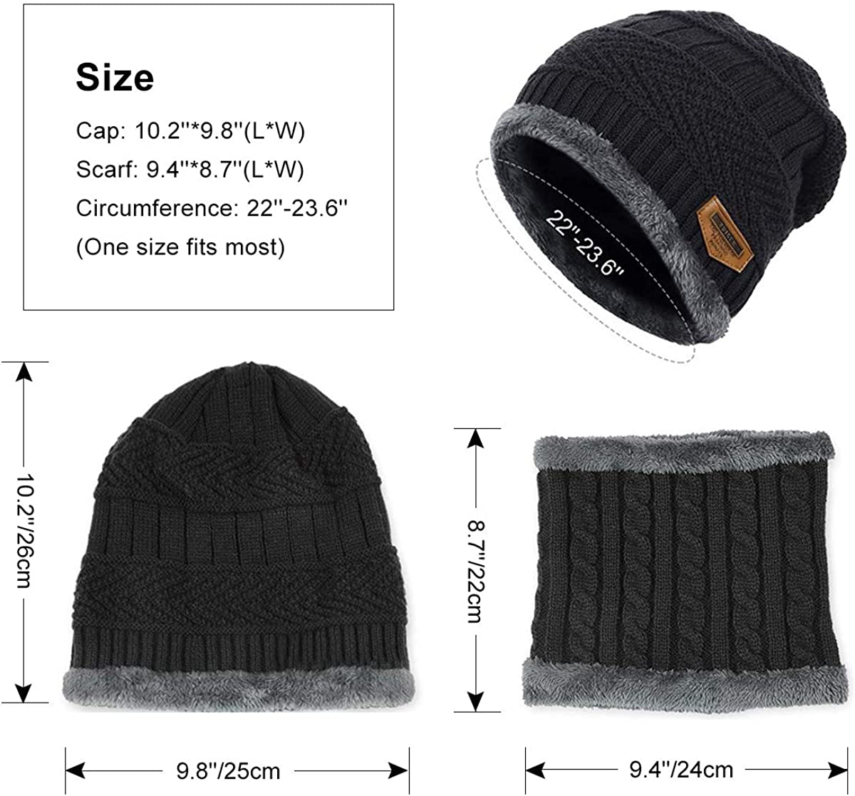 ZIBUYU Winter Hat for Men Women Warm Knitted Hats with Neck Gaiter Knitted Scarf, Warm Winter Hat Scarf Set Beanie Cap Hat Neck Warmer Scarf (black)