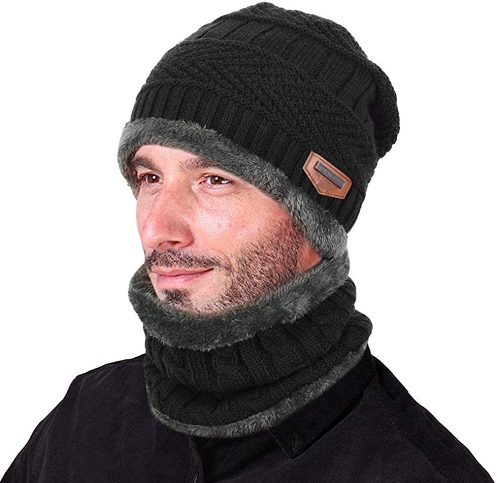 ZIBUYU Winter Hat for Men Women Warm Knitted Hats with Neck Gaiter Knitted Scarf, Warm Winter Hat Scarf Set Beanie Cap Hat Neck Warmer Scarf (black)