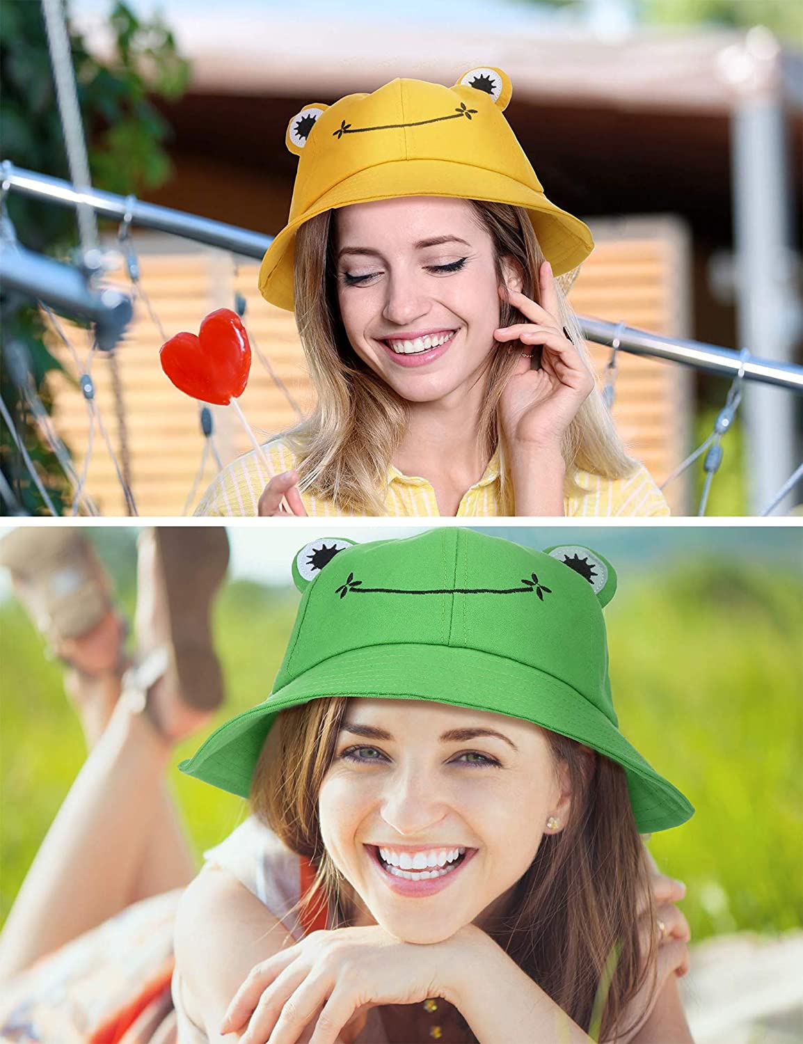 PALAY Bucket Sun Hat for Women Girl Adult Cute Frog Bucket Hat Summer Outdoor Foldable Fisherman Hat (Green)